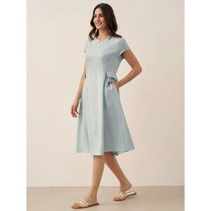 LINTICO 100% Linen Natural Summer V-Neck Dress ALEXA Aqua Blue Medium NWT $133